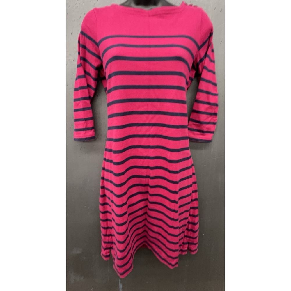LL Bean Dress XS Pink Blue Stripe Cotton 3/4 Sleeve Coastal Preppy Classic
